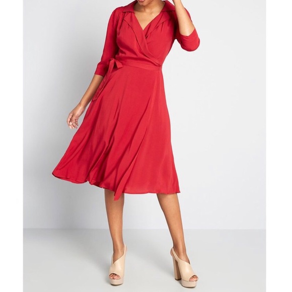 ModCloth x Collectif Theresa Plain Wrap Dress Size 0 Red NWT Half Sleeve Midi - Picture 1 of 16